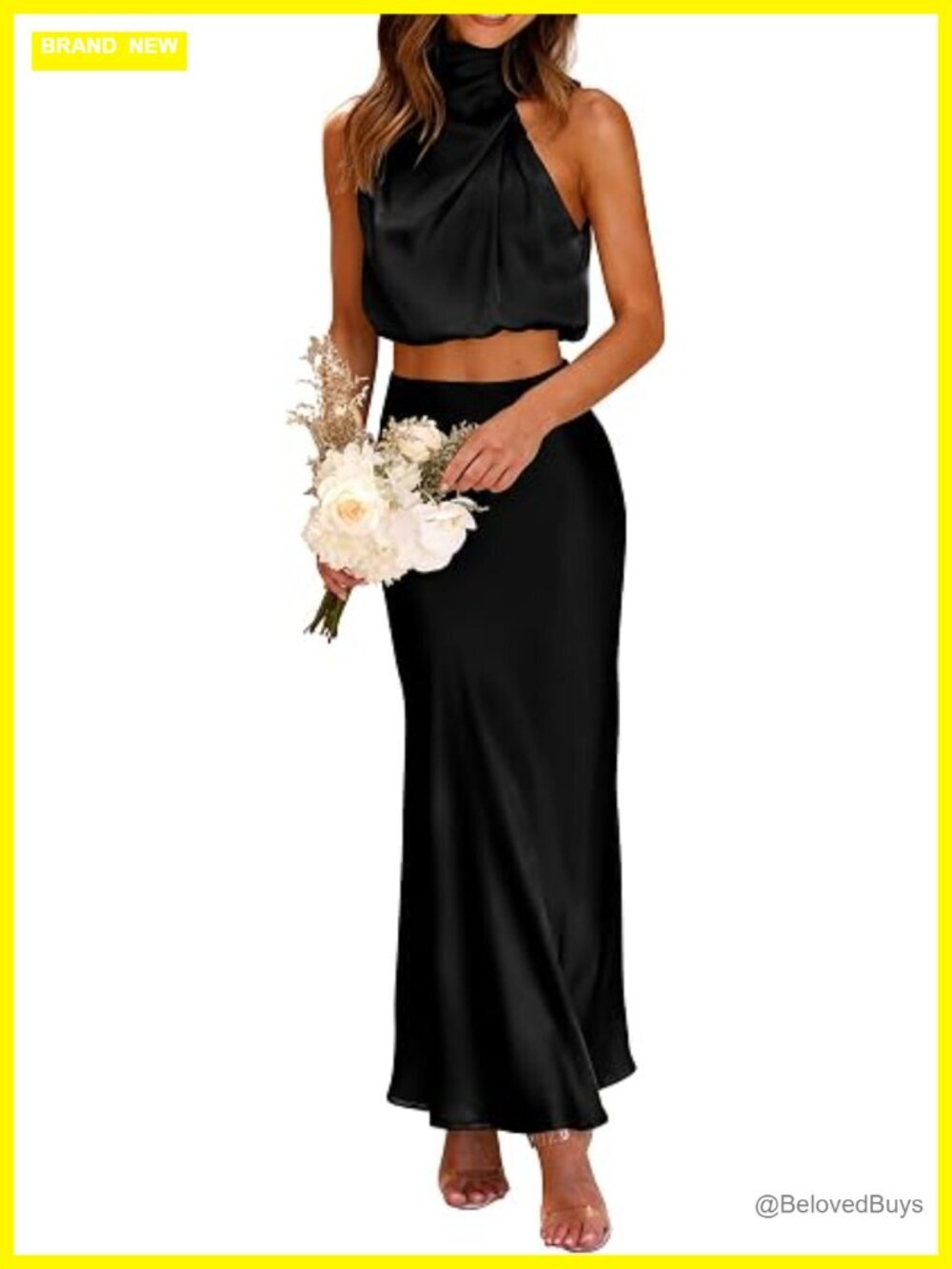 2 Piece Satin Outfit Mock Neck Crop Top Long Skirt Set